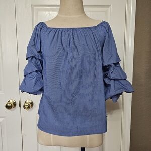 Zara woman blue and white pinstripe off the shoulder top XS